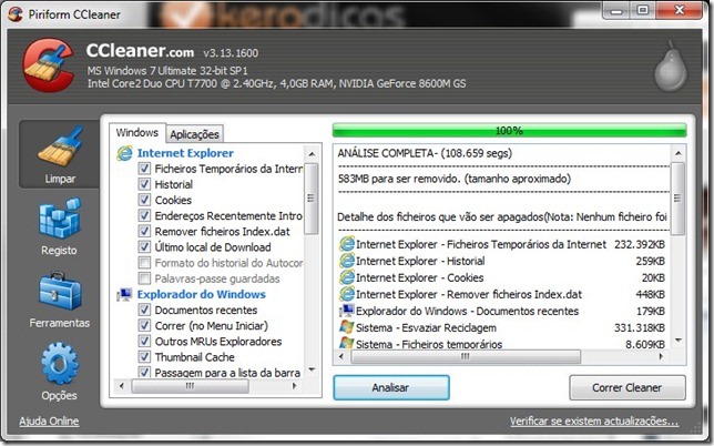 CCleaner 3.13.16 Limpeza