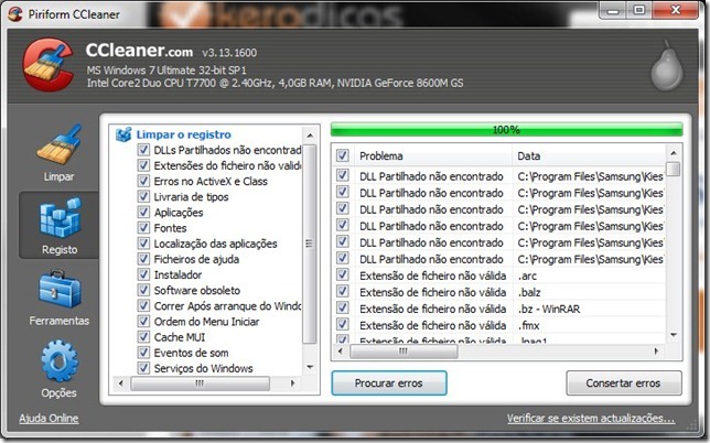 CCleaner 3.13.16 Registo