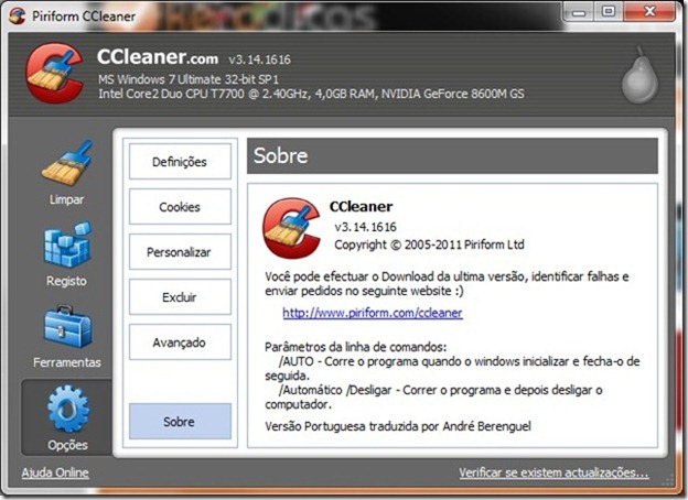 CCleaner 3.14 Opções